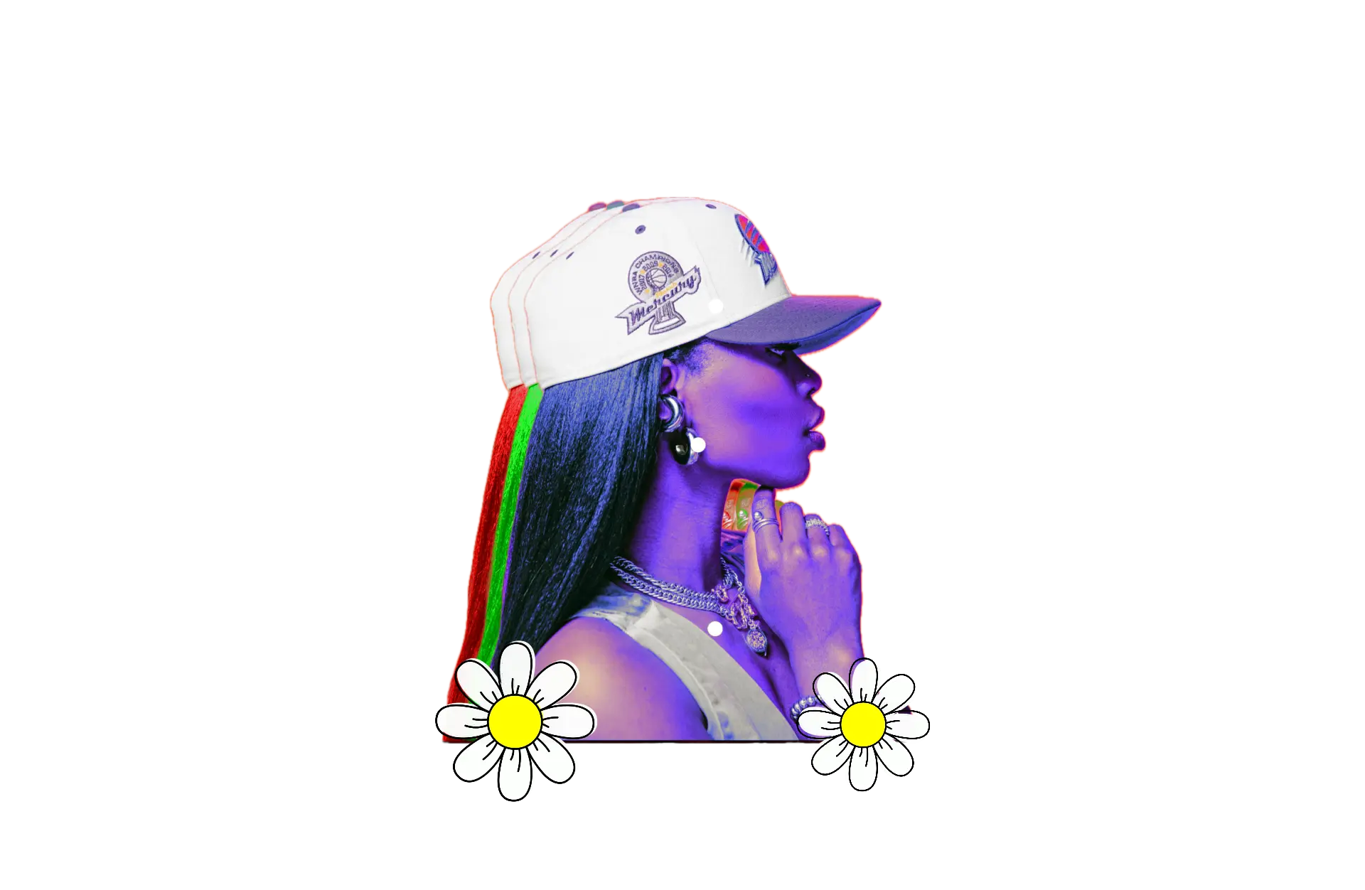 ZERØSAINT muse in a chrome cap surrounded by dream clouds